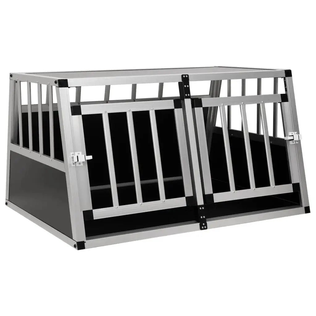 Silver aluminium and MDF dog car crate with two front doors and black side panels, on a white background