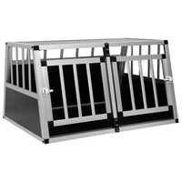 Silver aluminium and MDF dog car crate with two front doors and black side panels, on a white background