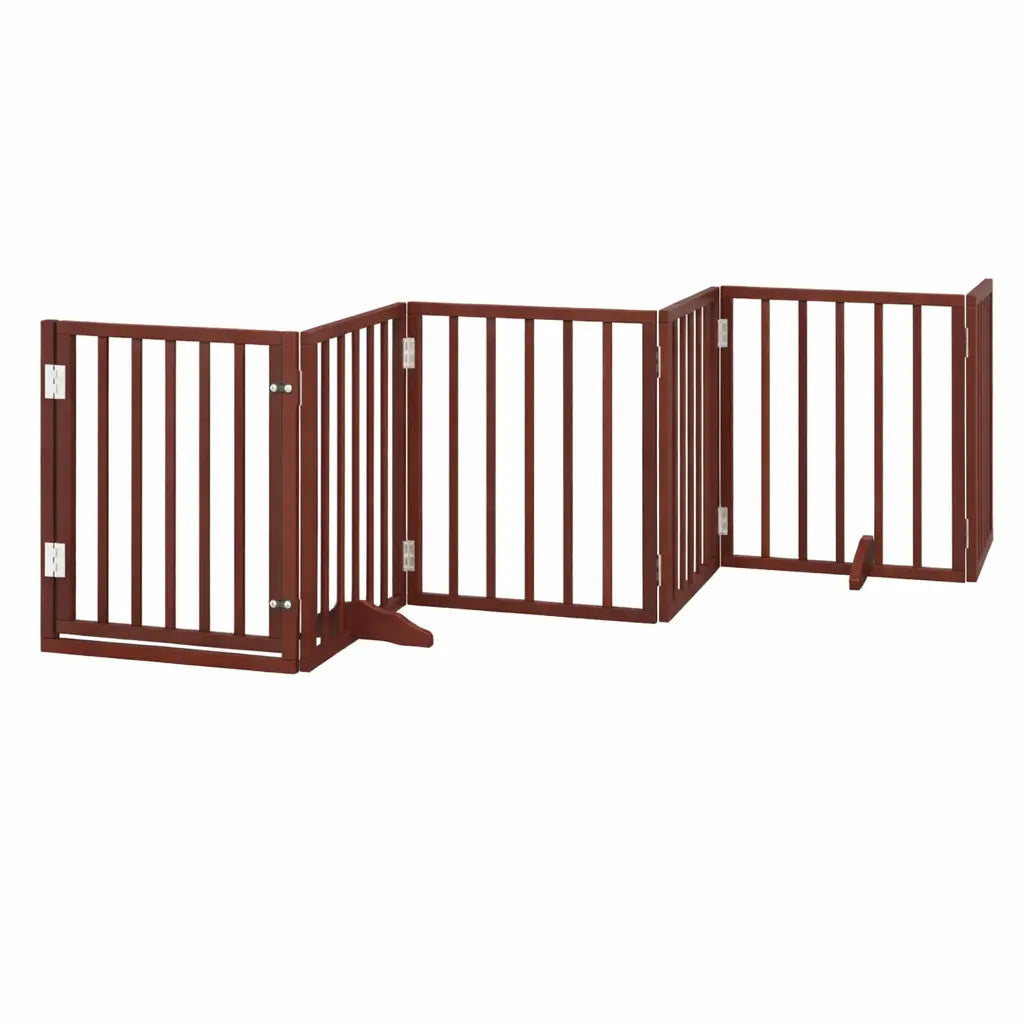 Brown six-panel dog gate folded flat, showing the storage footprint of the wooden pet barrier