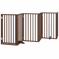 Dark brown six-panel wooden dog gate with walk-through door, arranged as a freestanding indoor barrier