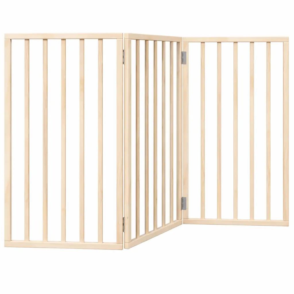 Three-panel foldable dog gate in natural poplar wood, freestanding 150 cm indoor barrier on a white background