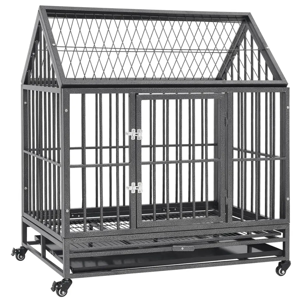 Black steel dog crate with an enclosed roof, hinged front door and four castor wheels, on a white background