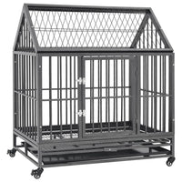 Black steel dog crate with an enclosed roof, hinged front door and four castor wheels, on a white background