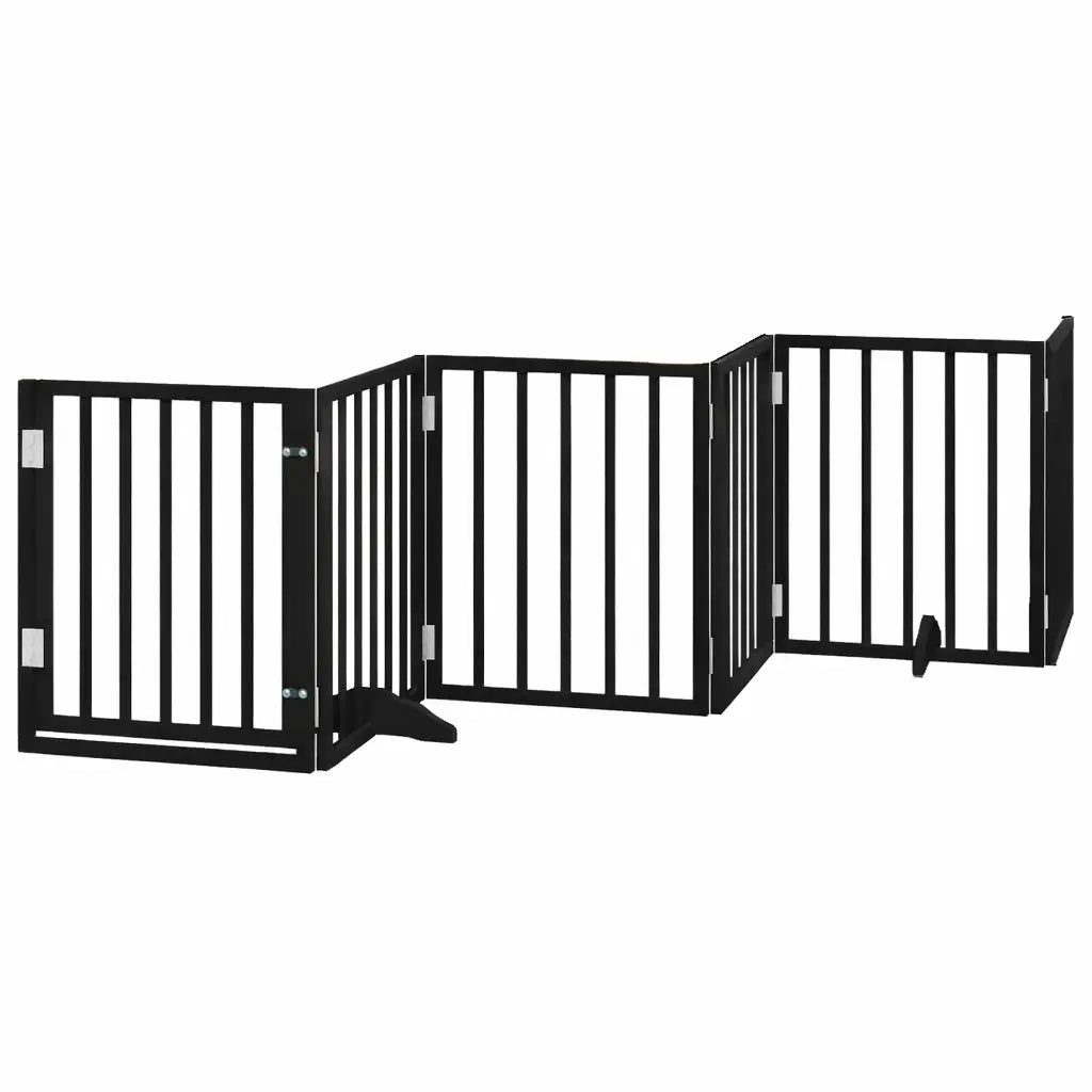 Black foldable dog gate with door, six poplar wood panels, 300 cm wide and 60 cm high, freestanding