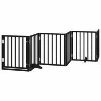 Black foldable dog gate with door, six poplar wood panels, 300 cm wide and 60 cm high, freestanding