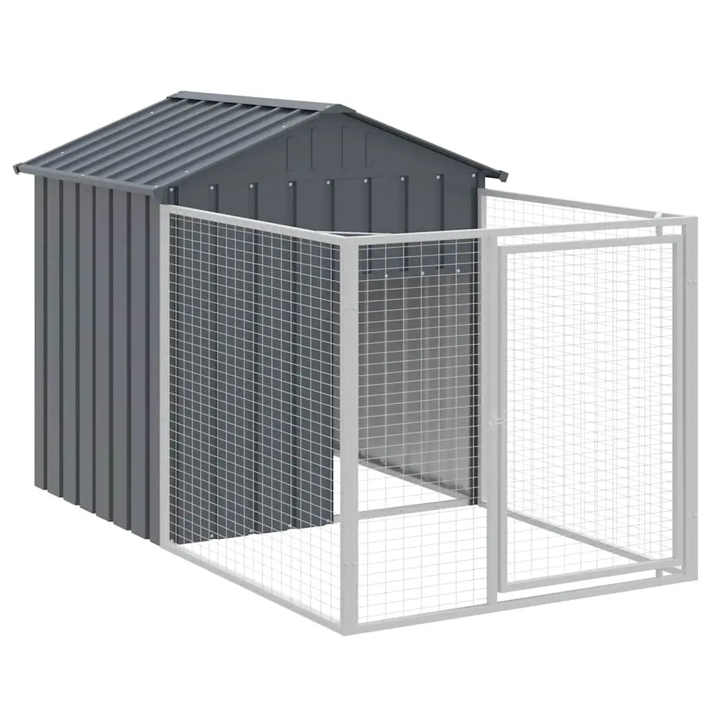 Anthracite galvanised steel dog kennel with attached mesh run and pitched roof, angled view on a white background