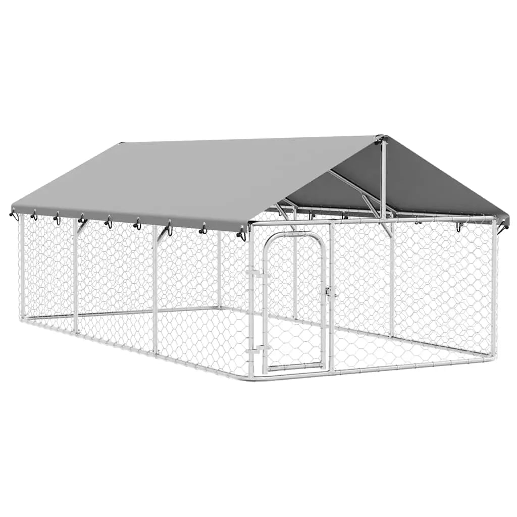 Silver galvanised steel outdoor dog kennel with polyethylene roof cover and mesh enclosure, on a white background