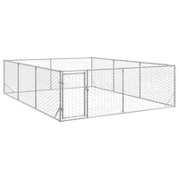 Galvanised steel outdoor dog run with hexagonal mesh panels and a lockable door, angled view on a white background
