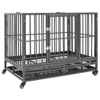 Black steel dog crate on four castor wheels with a hinged front door and removable tray, on a white background