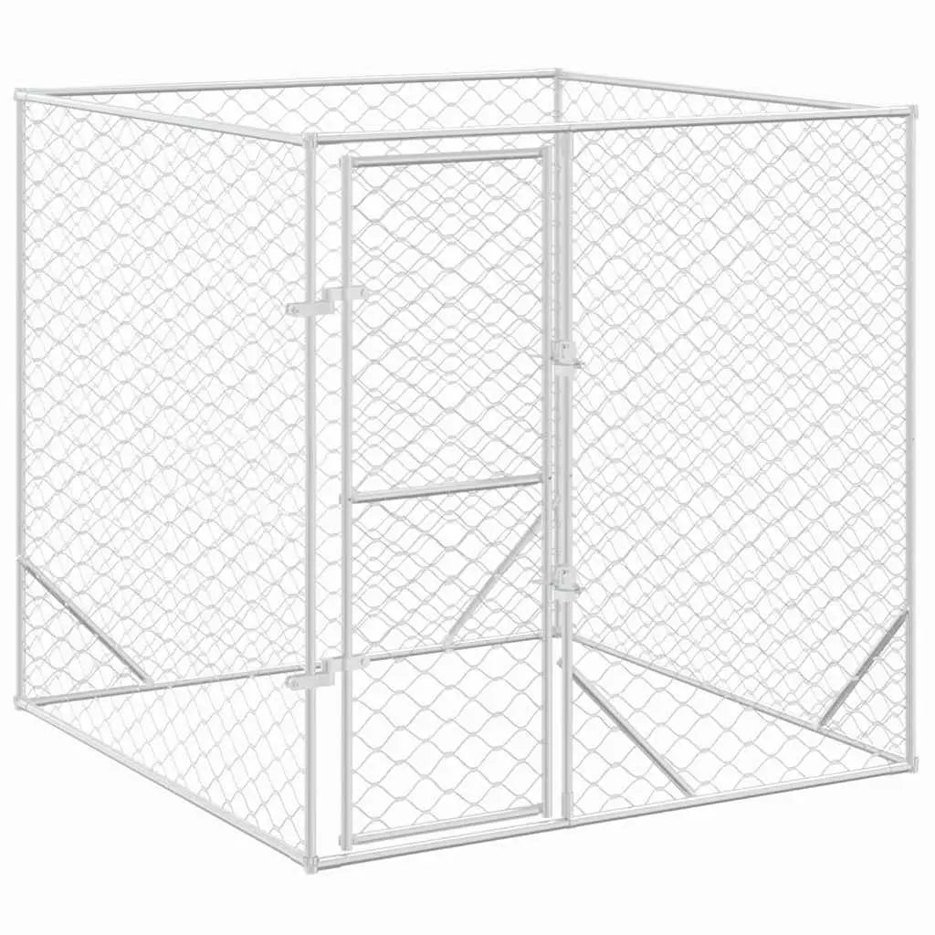 Silver galvanised steel two metre walk-in dog run with mesh panels and a lockable door, on a white background