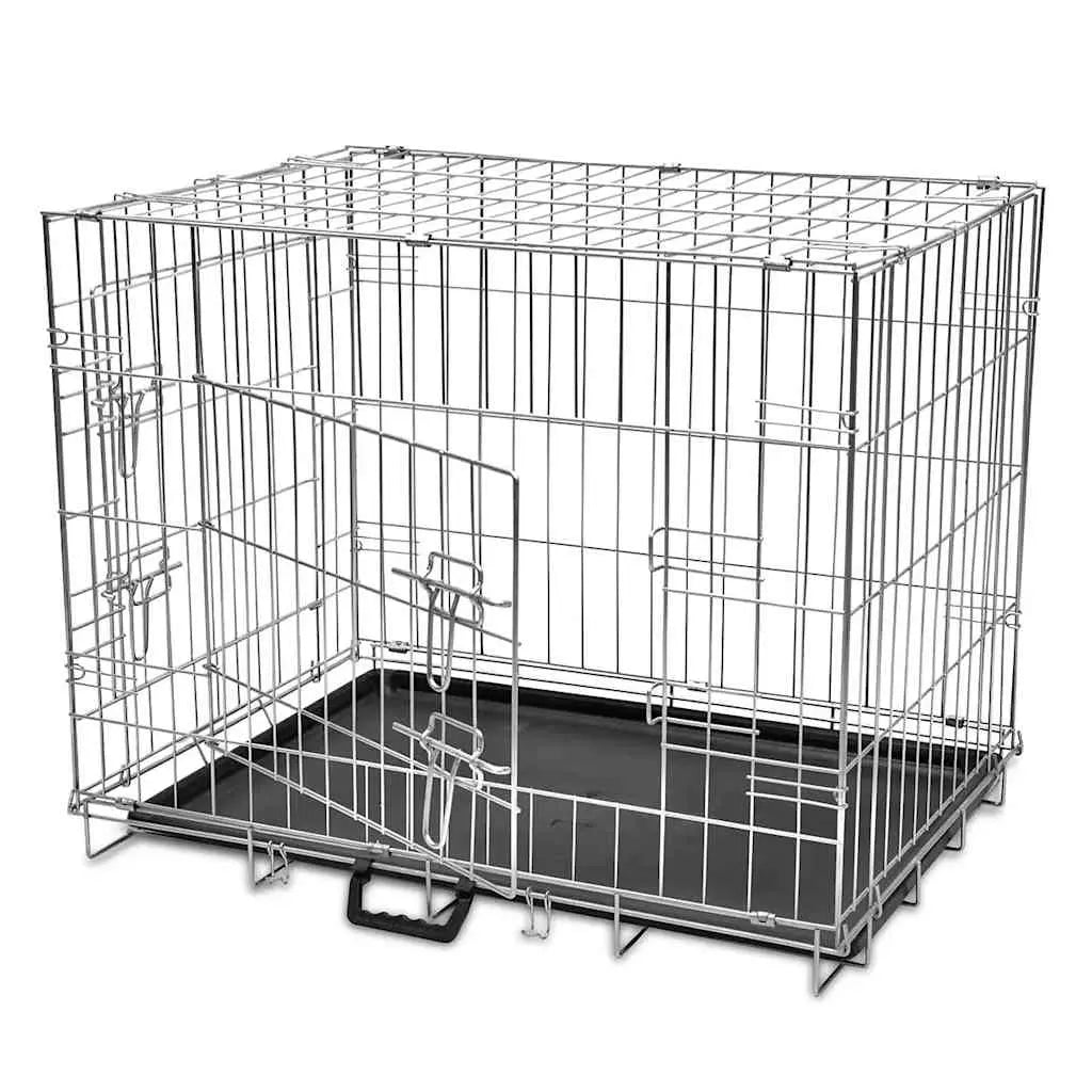 Foldable galvanised steel dog crate with two doors and a black removable tray, front door open on a white background