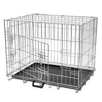 Foldable galvanised steel dog crate with two doors and a black removable tray, front door open on a white background