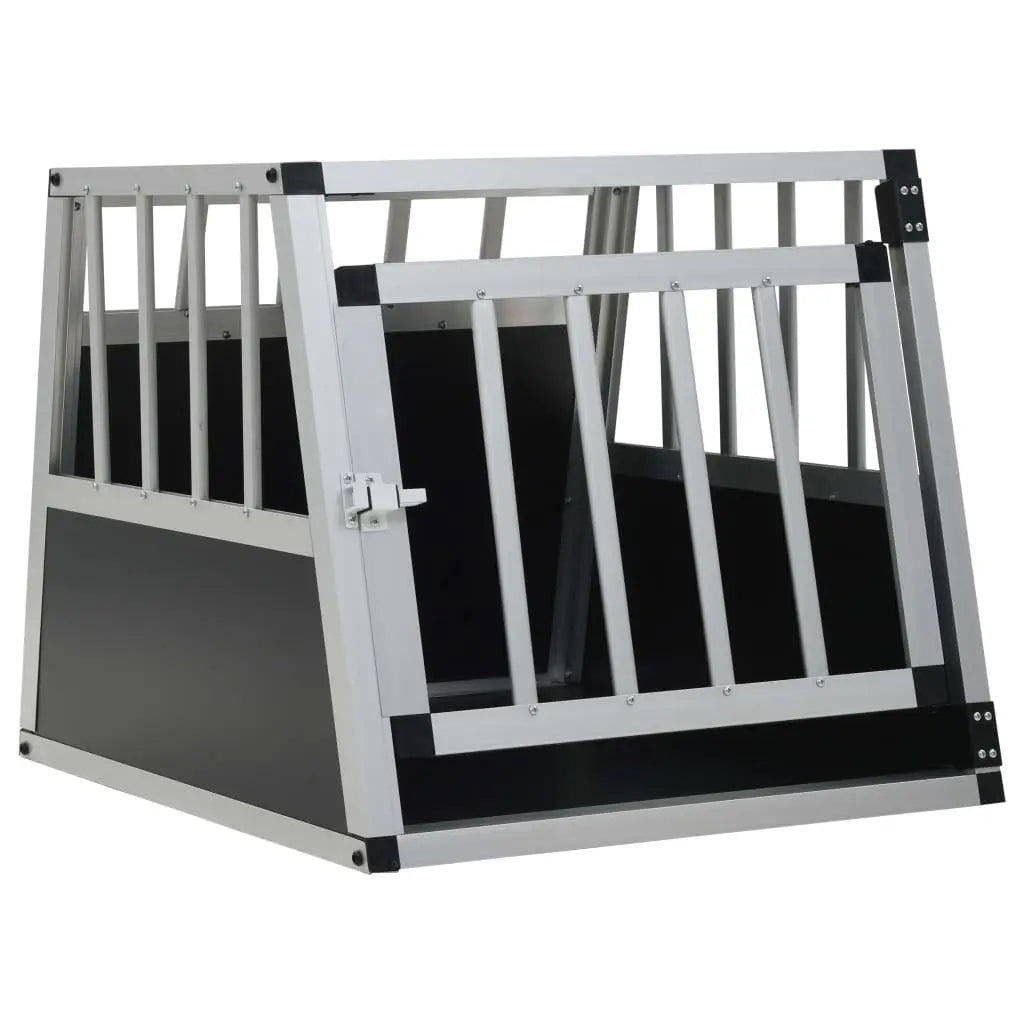 Silver aluminium and MDF dog car crate with a single door and barred front panel, on a white background
