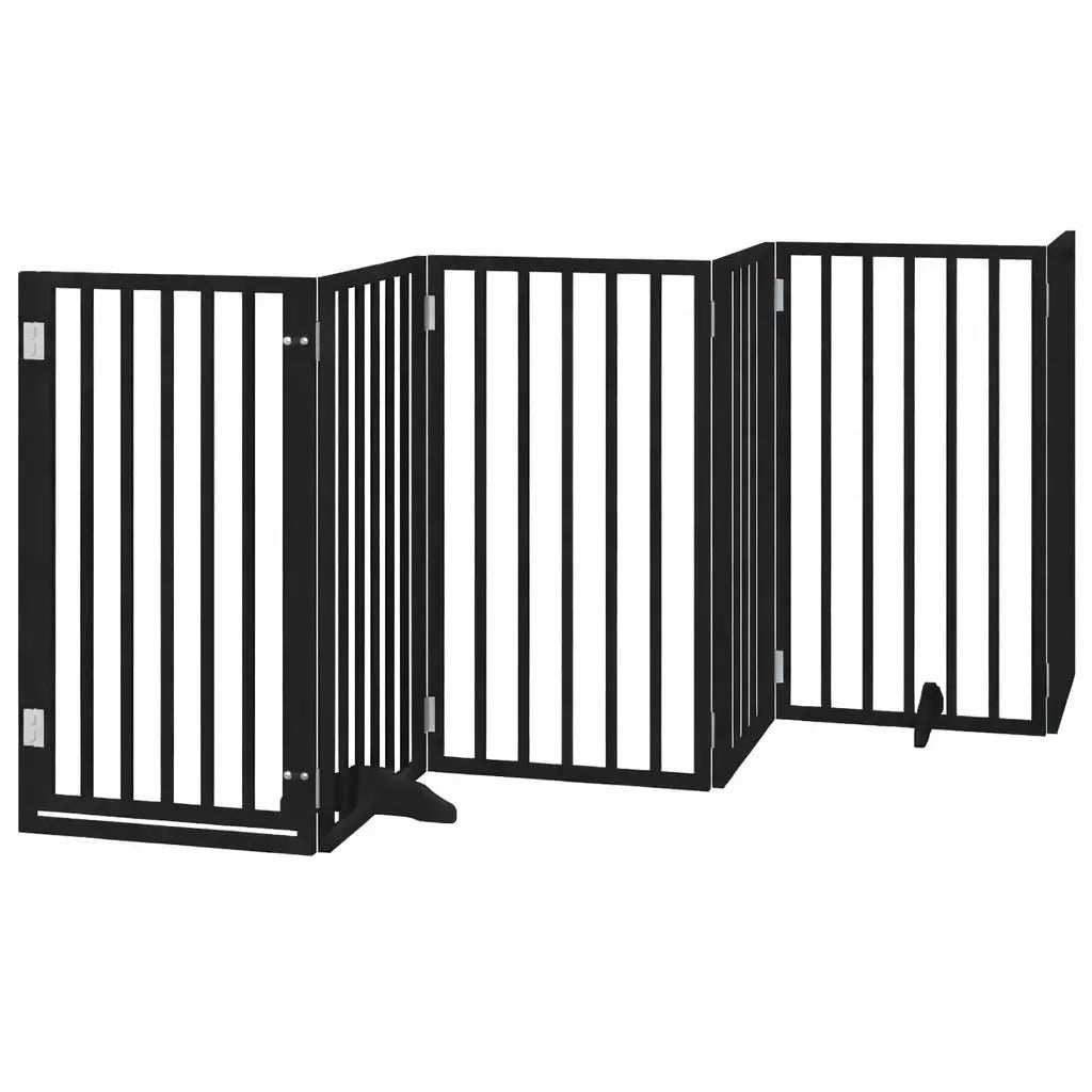 Black foldable wooden dog gate with six panels and support feet, 300 cm wide and 90 cm tall, for indoor use