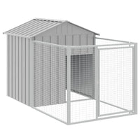 Light grey galvanised steel dog kennel with attached wire mesh run and sloped roof, on a white background
