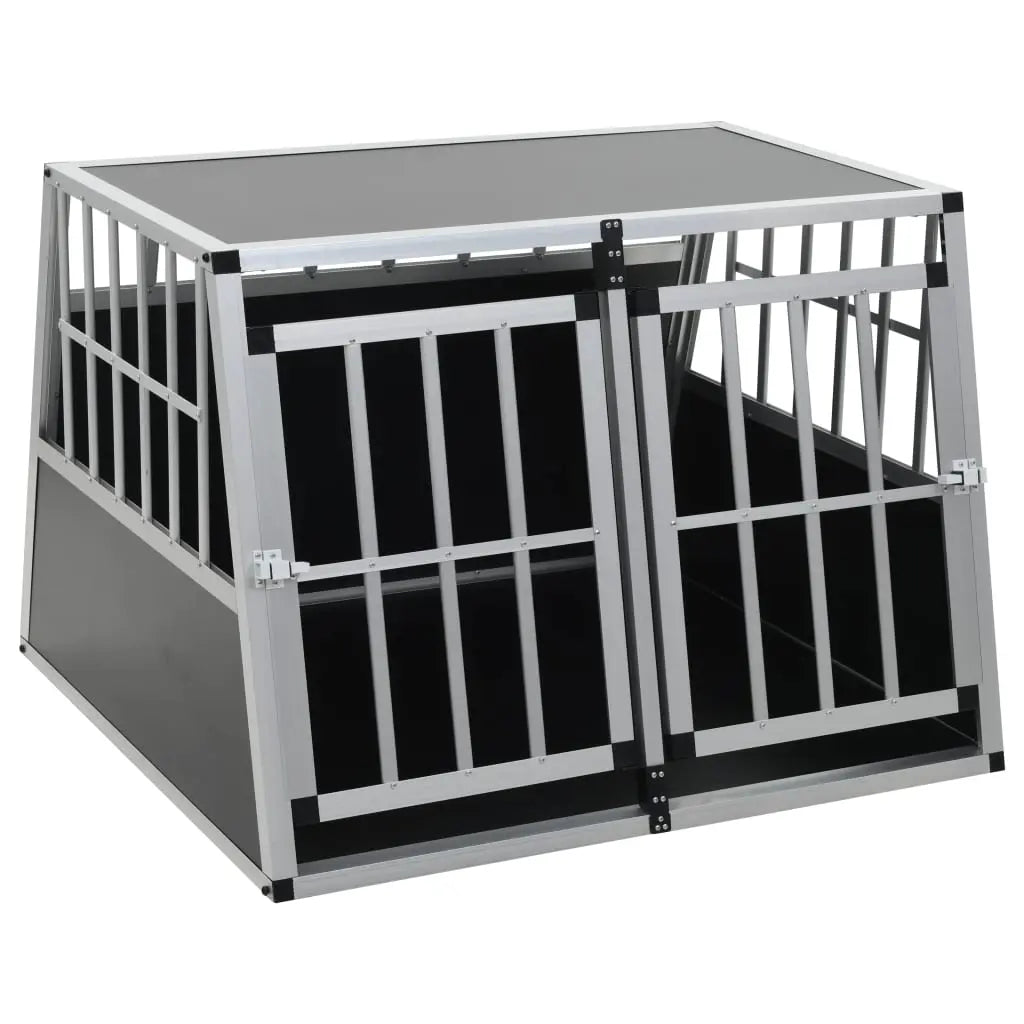 Double door dog car crate in aluminium and MDF with ventilated barred panels, on a white background