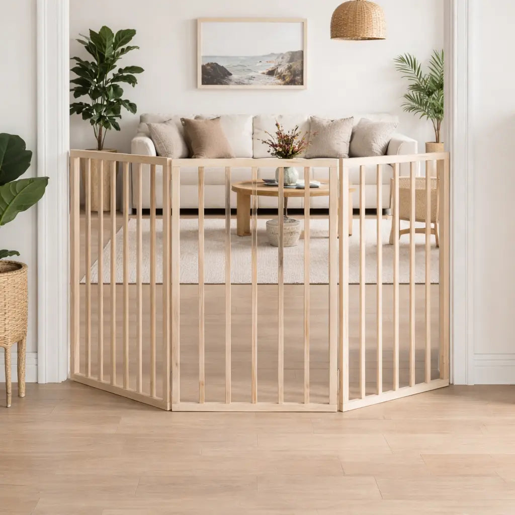 Natural wooden dog gate with three hinged panels opened into a zigzag across an indoor room