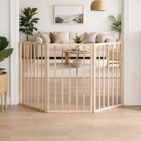 Natural wooden dog gate with three hinged panels opened into a zigzag across an indoor room