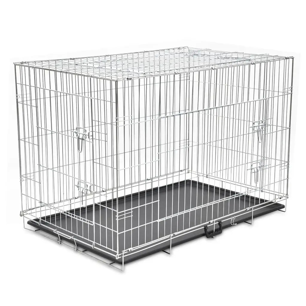 Three-door galvanised steel dog crate with the removable plastic floor tray fitted, on a white background