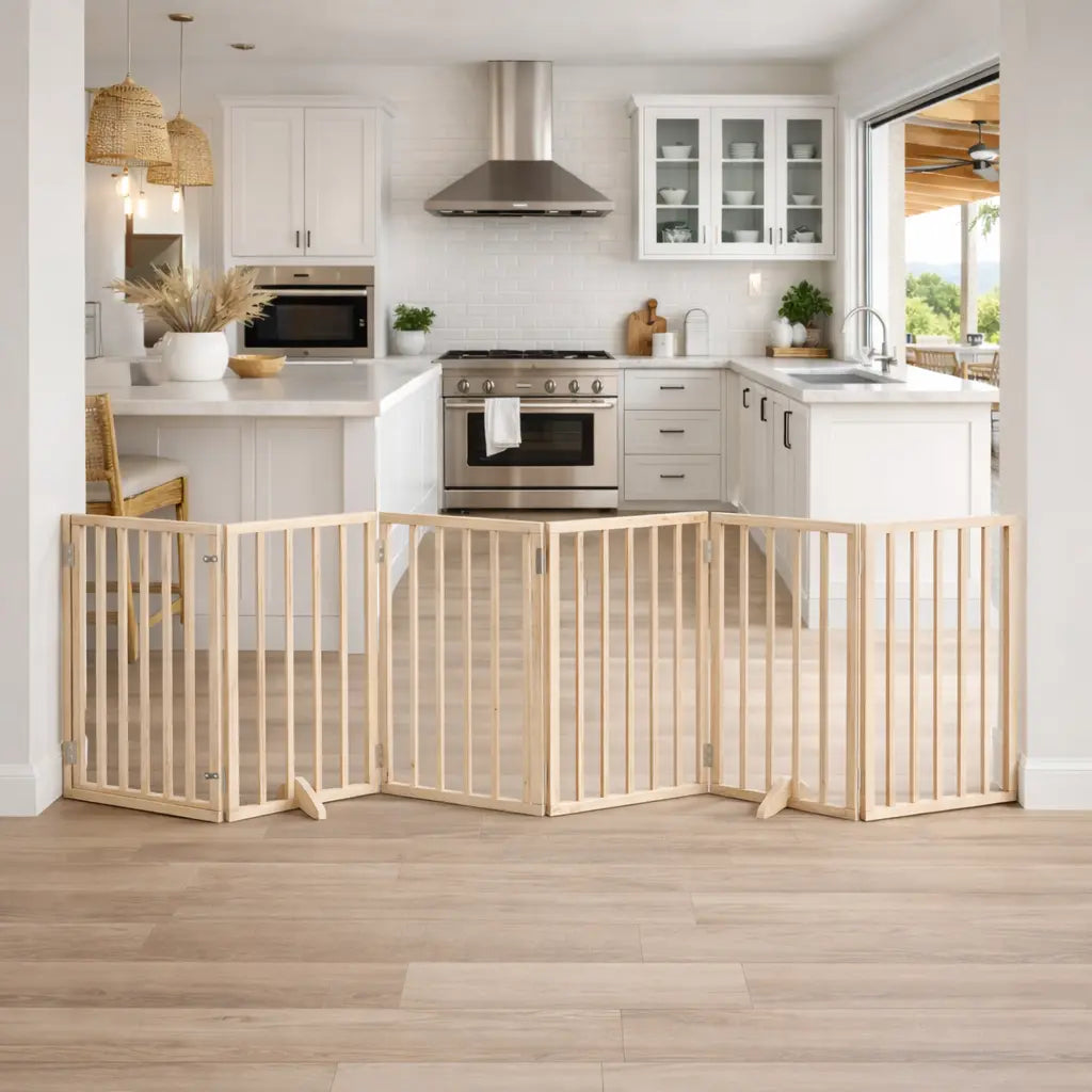 Natural poplar wood six-panel dog gate used as a freestanding divider between a living area and a white kitchen