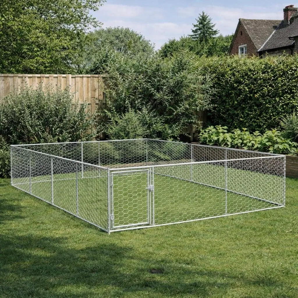 Three by four metre hexagonal mesh dog run installed on a lawn beside a wooden fence and hedge