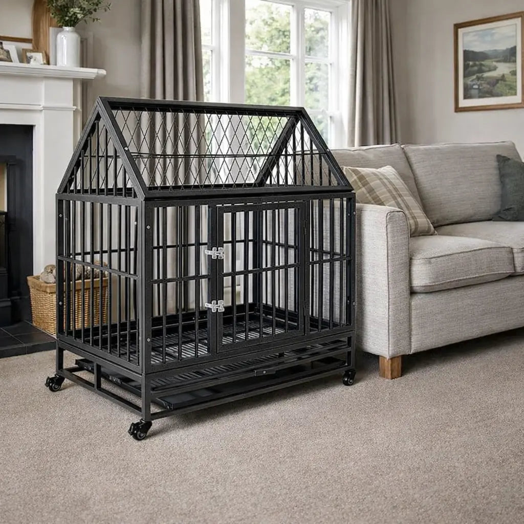 Steel dog crate with roof and wheels positioned indoors beside a sofa in a living room