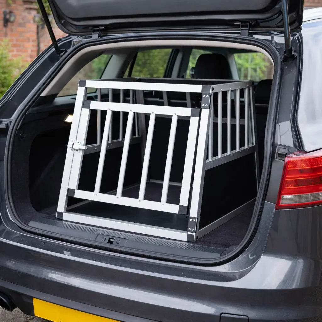 Single door aluminium dog crate positioned inside a car boot, showing the fit for travel