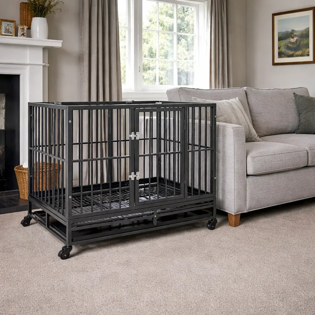 Steel dog crate with wheels positioned indoors beside a sofa in a living room
