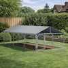 Four metre outdoor dog kennel with roof installed on a garden lawn, steel frame with mesh panels