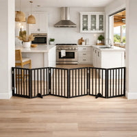 Black Foldable Dog Gate with Door and 6 panels in a kitchen