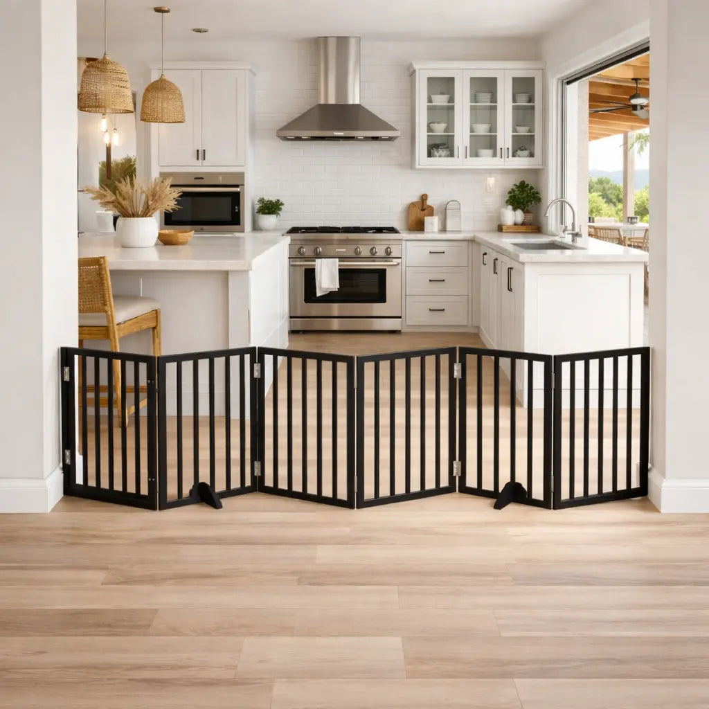 Black Foldable Dog Gate with Door and 6 panels in a kitchen