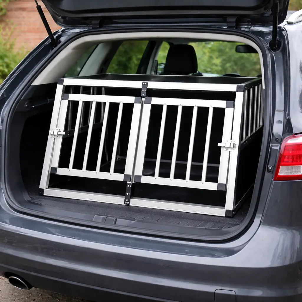 Double door aluminium dog crate placed inside a car boot, showing its fit and positioning