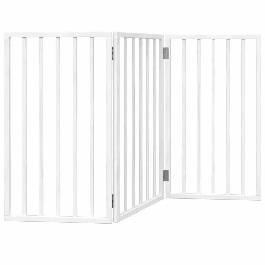 White freestanding dog gate standing in a living room doorway as an indoor pet barrier