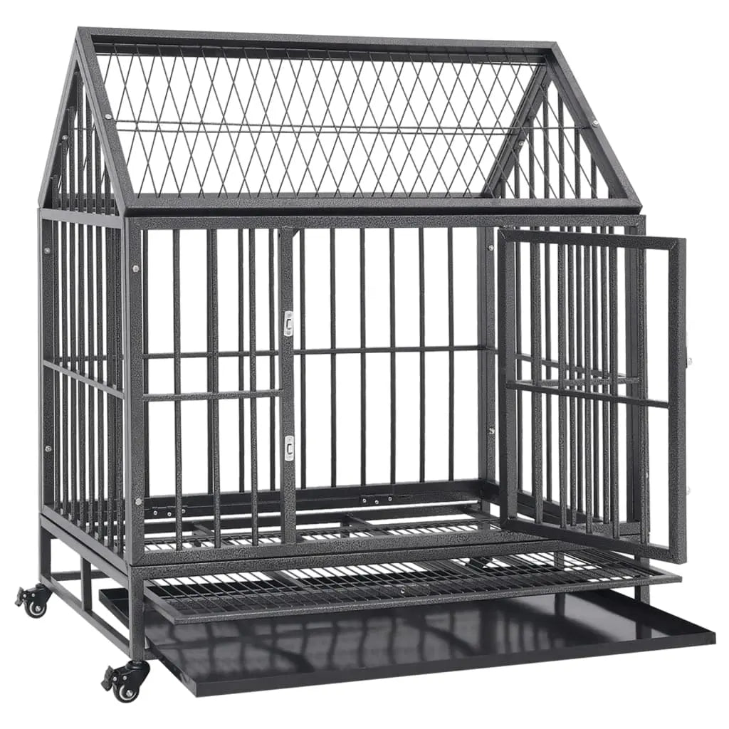 Roofed dog crate with the hinged door open and the removable tray slid out, on a white background