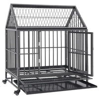 Roofed dog crate with the hinged door open and the removable tray slid out, on a white background