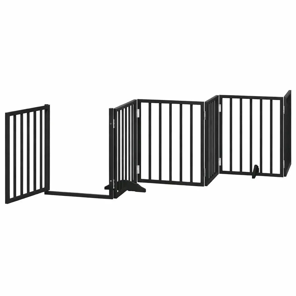 Close-up of the silver metal hinges connecting the black poplar wood panels of the foldable dog gate