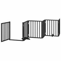 Close-up of the silver metal hinges connecting the black poplar wood panels of the foldable dog gate