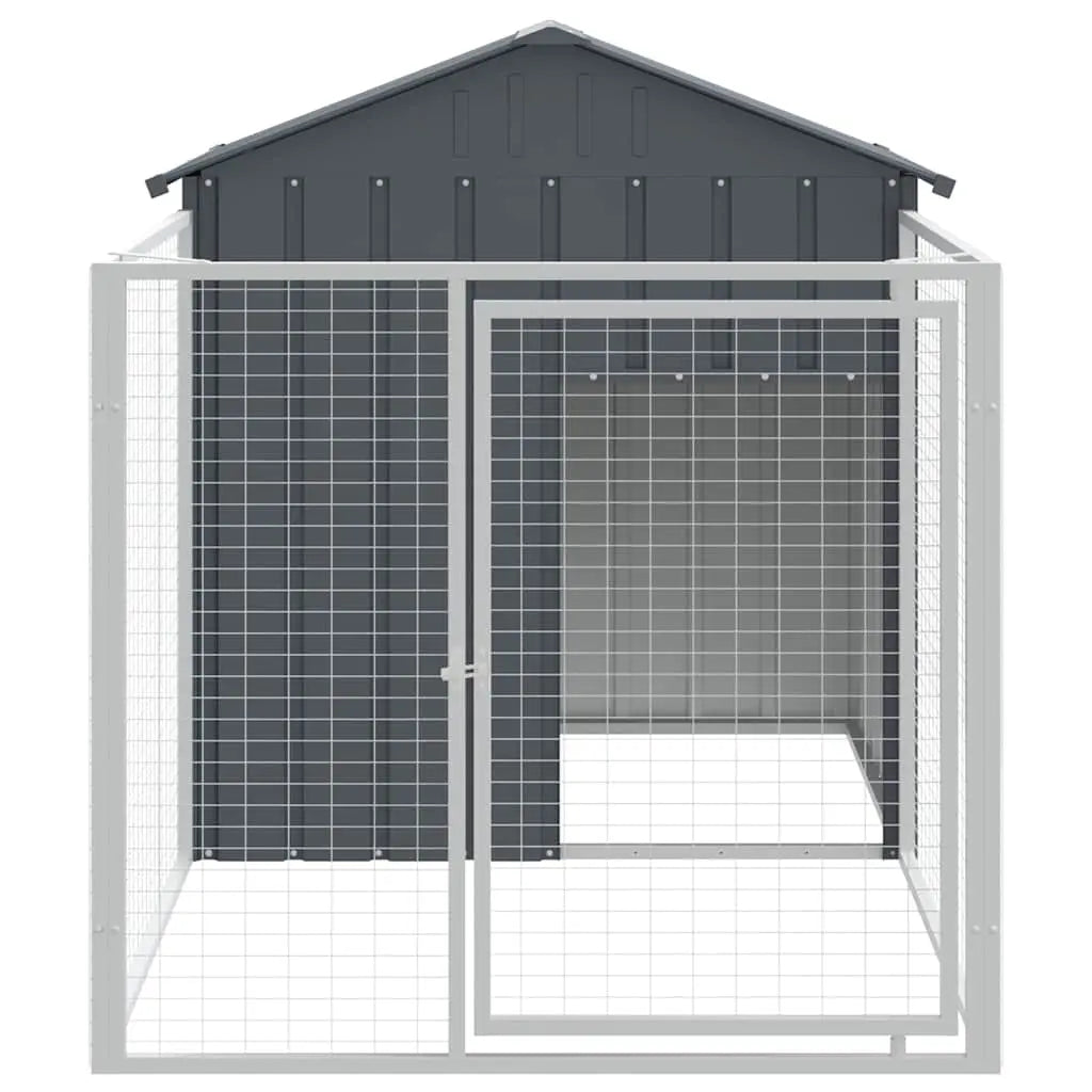 Front view of the dog kennel and run showing the roofed shelter and the latched door into the mesh pen
