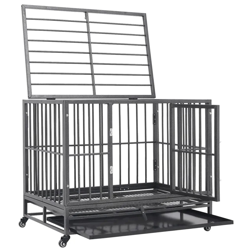 Dog crate with the hinged door open and the slide-out cleaning tray pulled out, on a white background