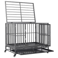 Dog crate with the hinged door open and the slide-out cleaning tray pulled out, on a white background