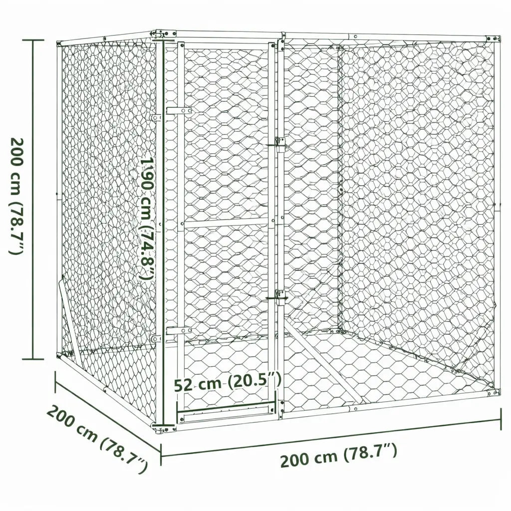 Dimension diagram of the 2 x 2 x 2 m dog run with the 52 x 190 cm gate size marked