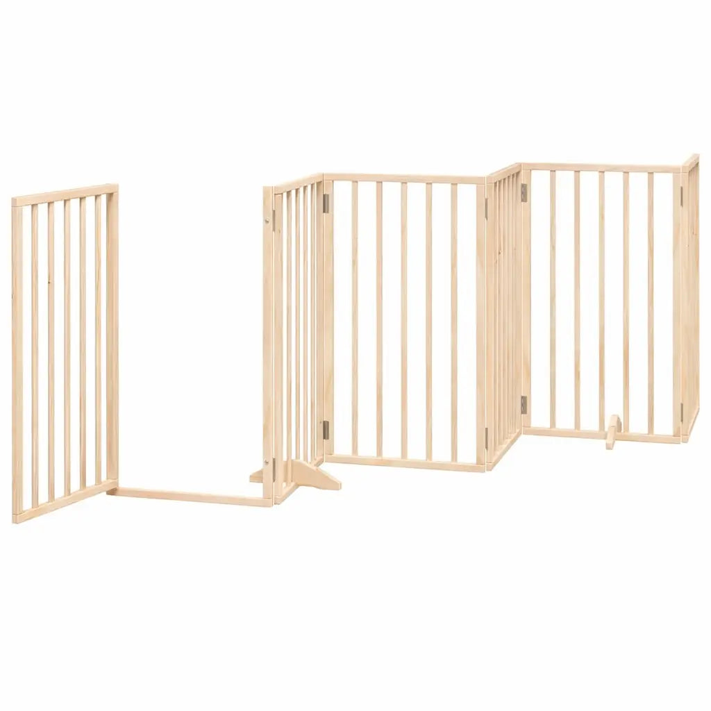 Foldable natural wood pet gate with the built-in walk-through door panel open for access