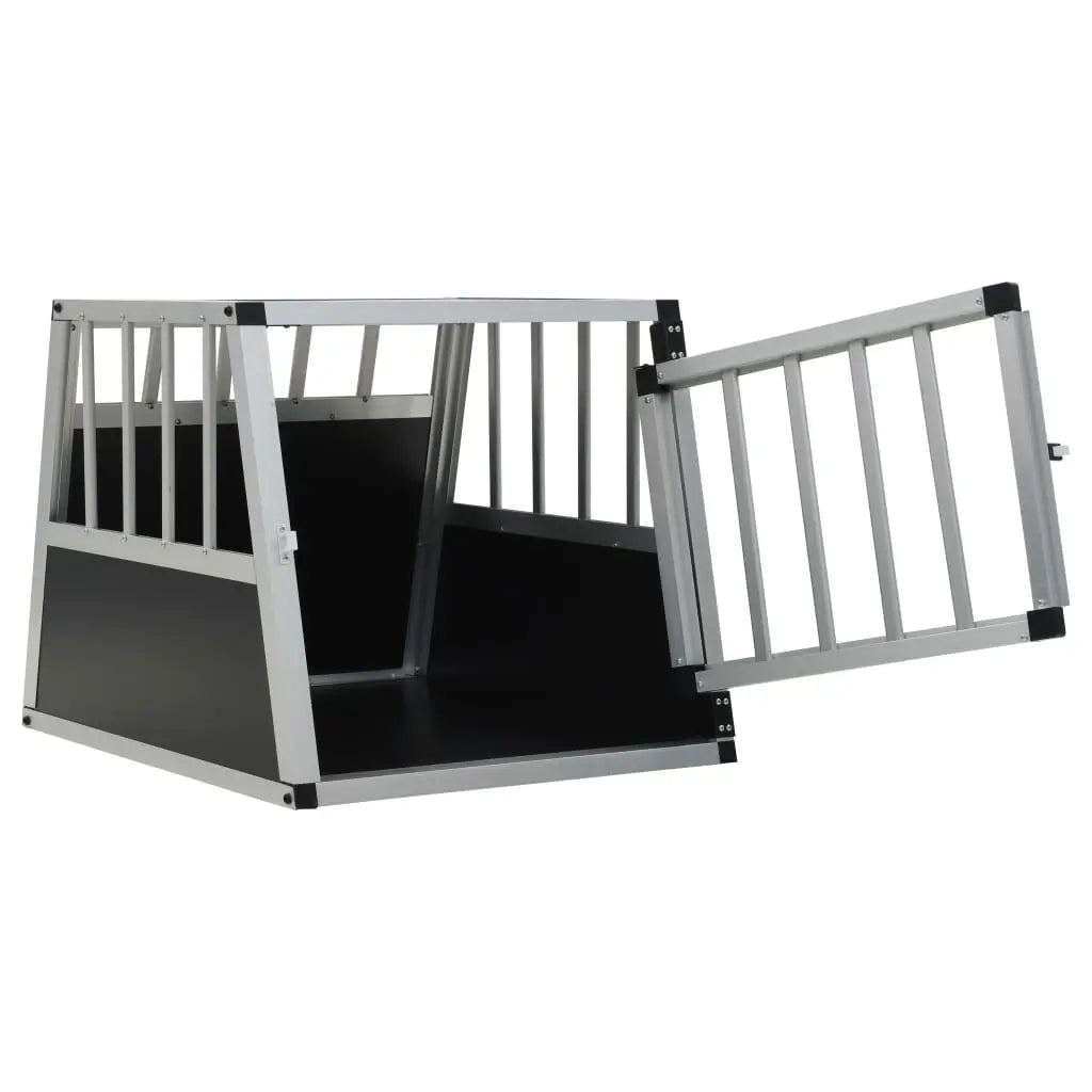 Aluminium and MDF car dog crate with the single front door open, angled view on a white background