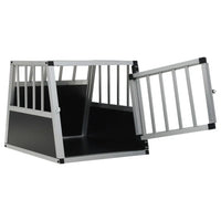 Aluminium and MDF car dog crate with the single front door open, angled view on a white background