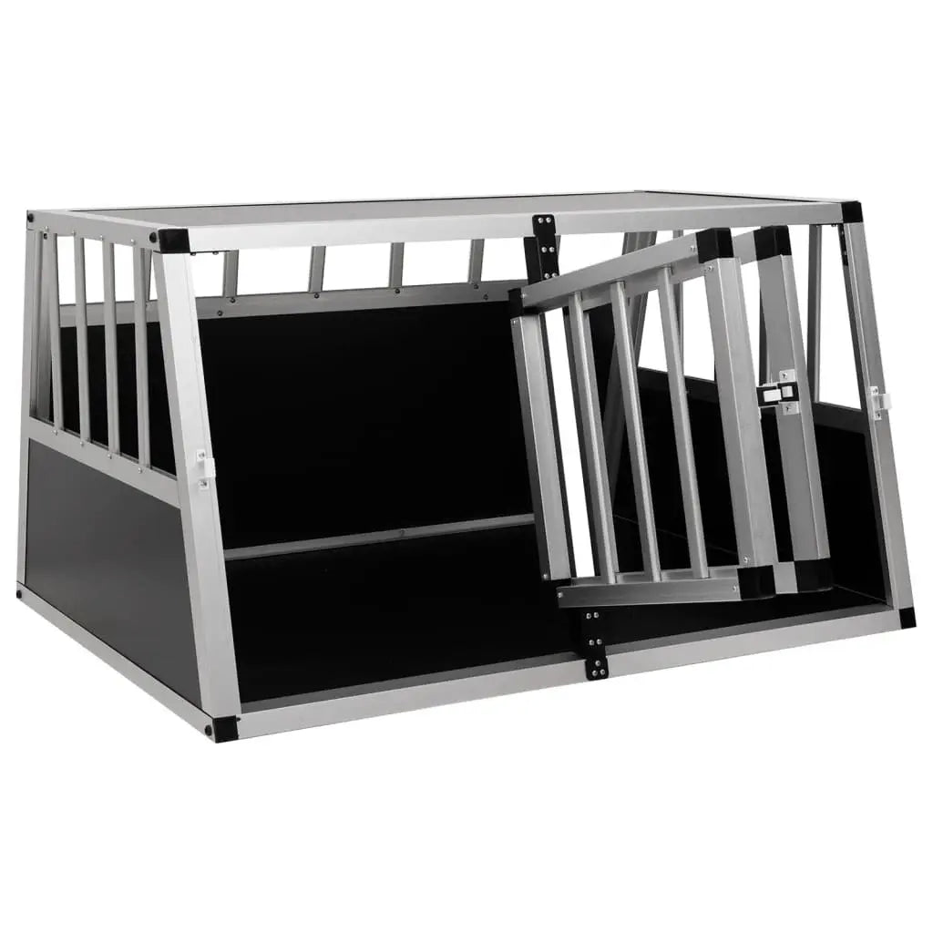Twin compartment car dog crate with one front door open, aluminium frame with black MDF panels