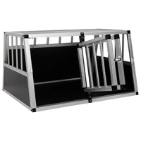 Twin compartment car dog crate with one front door open, aluminium frame with black MDF panels