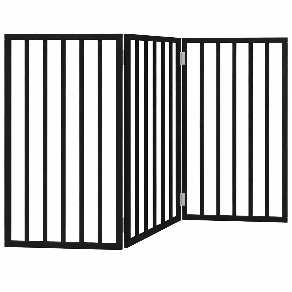 Black three-panel foldable wooden dog gate, 150 cm wide, placed across a home hallway