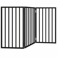 Black three-panel foldable wooden dog gate, 150 cm wide, placed across a home hallway