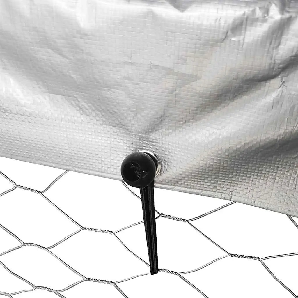Close-up of the polyethylene roof cover fastened to the steel frame with elastic ties