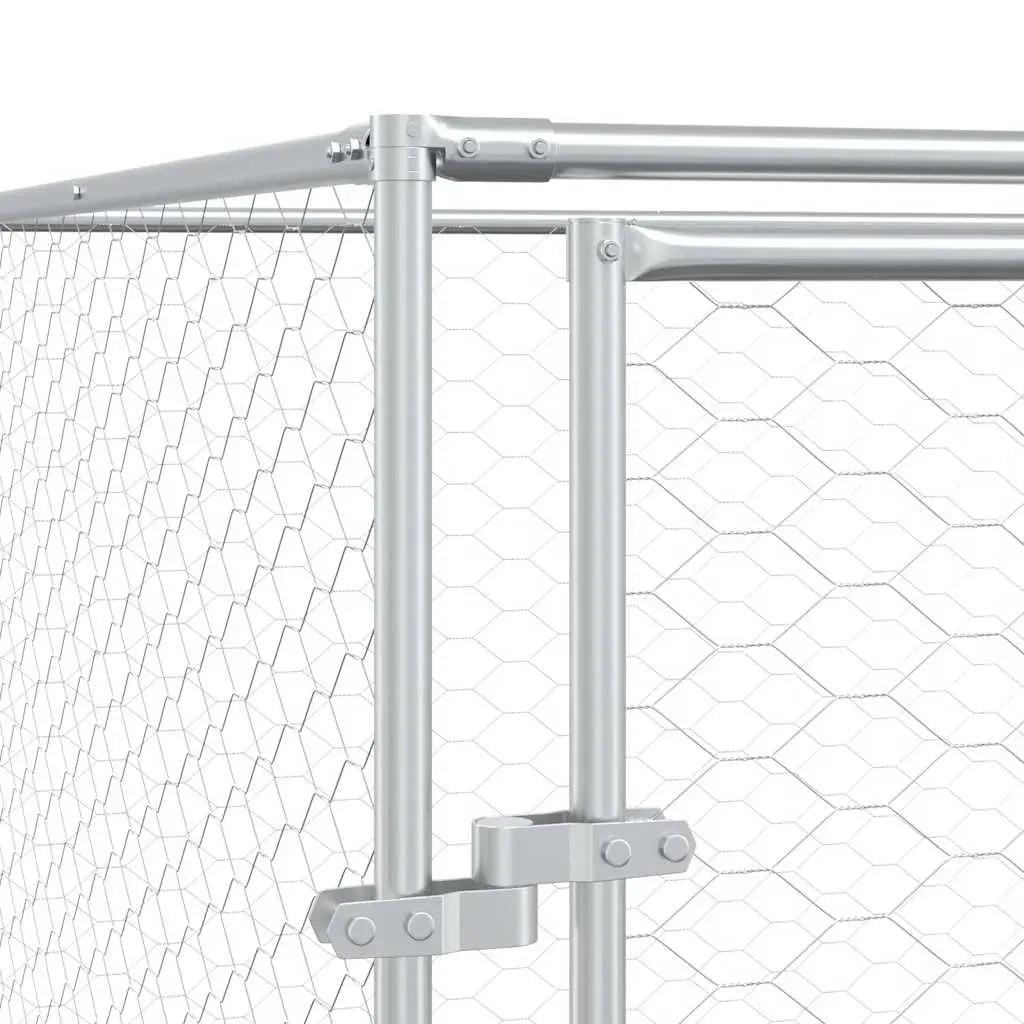 Close-up of the door hinges and galvanised steel frame on the outdoor dog run